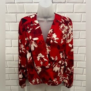 INC women floral v- neck long sleeve red blouse/size SP